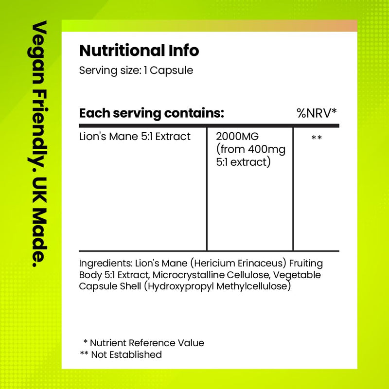 Lions Mane Supplement 2000mg | Lion's Mane Powder Capsules | 5:1 Mushroom Extract | Improve Memory, Focus & Mind | UK Made, Gluten Free & Vegan | 120 Lions Mane Capsules | 4 Month Supply | Fitimins 120 count (Pack of 1)