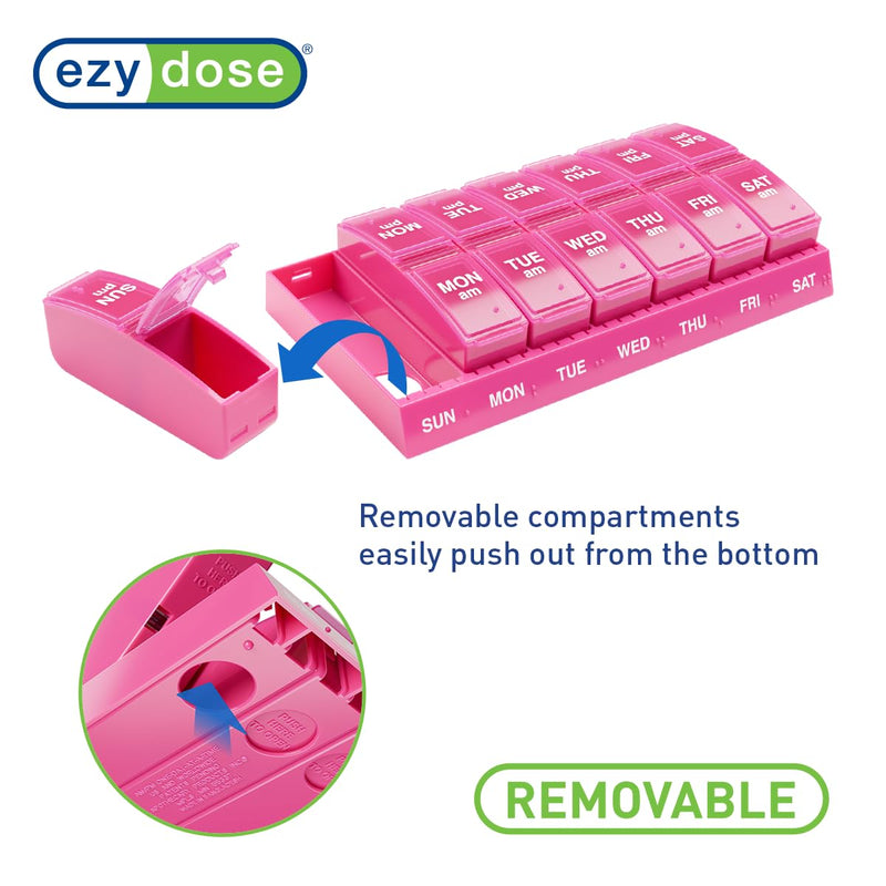 Ezy Dose Weekly (7-Day) AM/PM Pill Organizer, Small Medicine Planner, Pink | Daily Vitamin & Supplement Prescription Box, Compact Pop-Out Compartments, 2 Times a Day Holder, Travel-Friendly, BPA-Free
