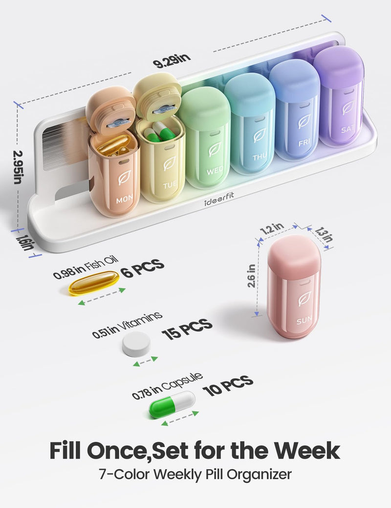 Weekly Magnetic Pill Organizer, 7 Day Once Daily, Removable Cases | Airtight Silicone Seals, Moisture-Proof, Contains 14 Desiccant Packs, Large Capacity for Vitamins and Supplements, Rainbow