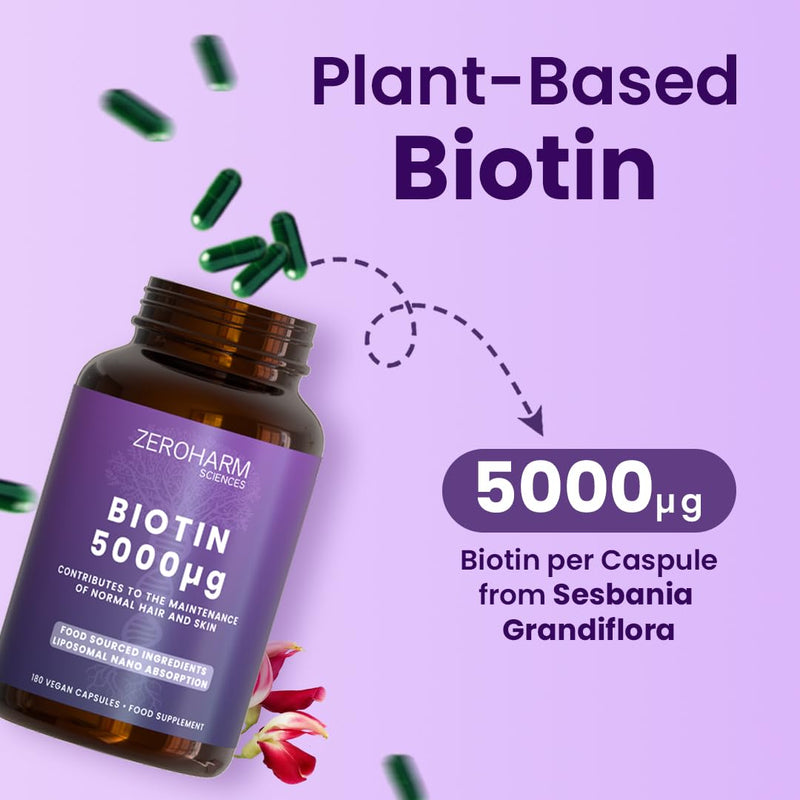 ZeroHarm Biotin 5000mcg – Plant-Based Biotin from Natural Extracts – Hair, Skin & Nails Vitamin – Liposomal Absorption – Powered by Real Food Ingredients – 180 Vegan Capsules