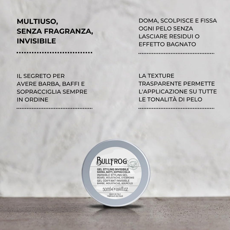 [Australia] - Bullfrog - Invisible Styling Gel: Beard, Mustache, Eyebrows, Modeling Gel with Strong Durability and Hold, Transparent Texture, Contains No Fragrance, Made in Italy, 50ml 