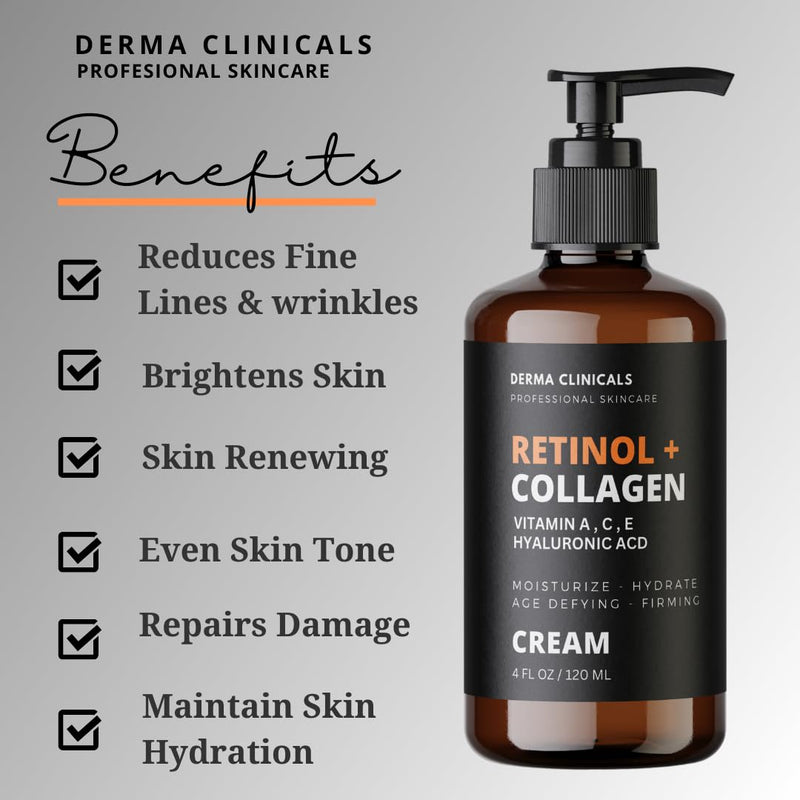 Retinol + Collagen, Hyaluronic Acid, Vitamin C Anti-Aging Face Cream, Day and Night Moisturizing Cream, Anti-Wrinkle Cream for Face, Firming Cream - 4oz