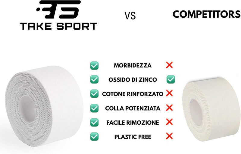 TAKE Sport®, Tape Sportivo, Nastro fasciature, Nastro Sportivo, Sport Tape. 6 rotoli 3,8 x 10m, 100% Cotone, Bordo Zig Zag, Non Elastico. Bianco (6)