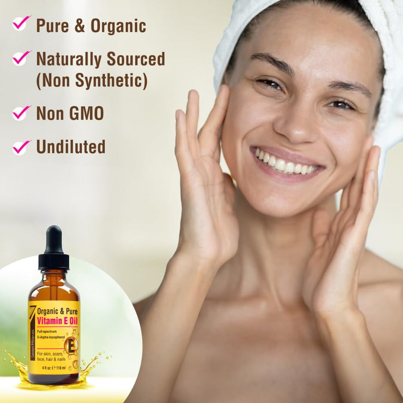 Seven Minerals Ultra Pure Vitamin E Oil for Skin, Face, Hair and Scars 4 Oz | Full-Spectrum D-Alpha Tocopherol from Organic Sunflower Seeds - Naturally Occurring = Not Synthetic 4 Fl Oz (Pack of 1)
