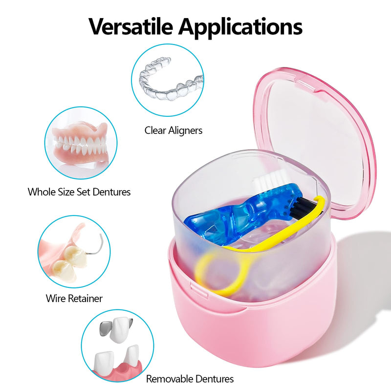 [Australia] - Partial Denture Case Leak Proof with Strainer Basket and Brush, Waterproof Denture Cup Retainer Cleaning Bath Case Travel for Dentures, Braces, Night Guard - Pink 