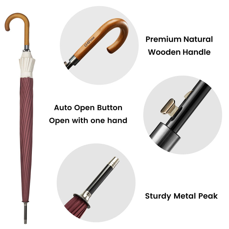G4Free 54 Inch Large Windproof Umbrella Auto Open Classic Wooden J Handle 54 Inch Strong Windproof Large Umbrella for Rain Auto Open Wooden Handle