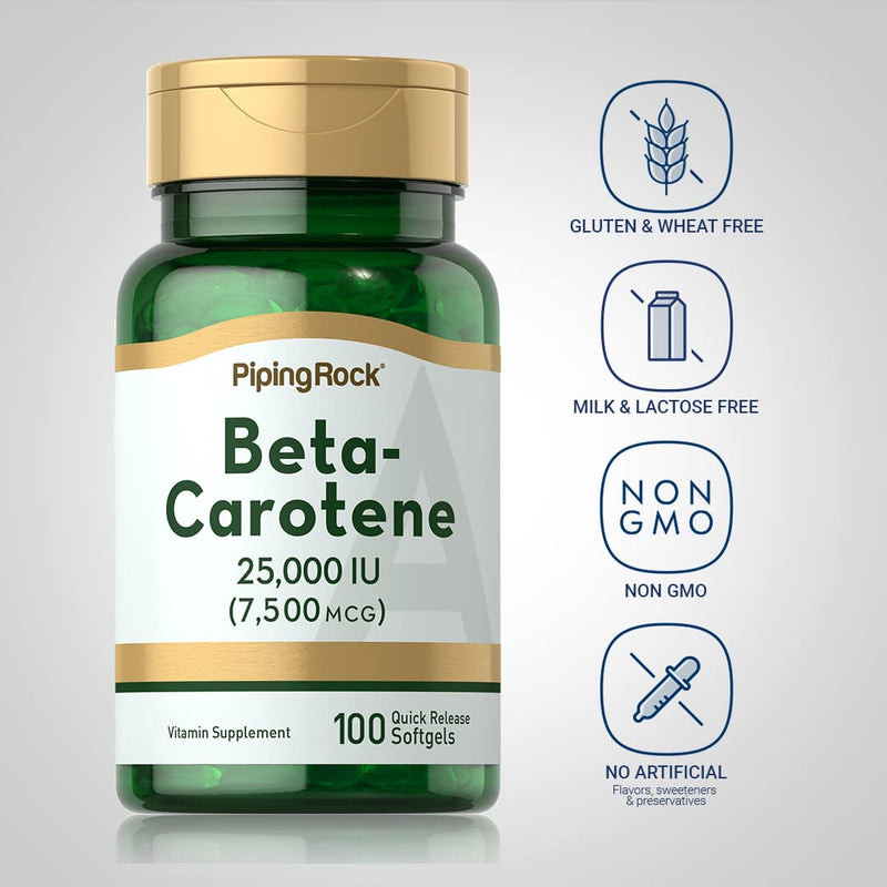[Australia] - Piping Rock Beta Carotene 25000 IU Softgels | 7500 mcg | 100 Count | Vitamin A Supplement | Non-GMO, Gluten Free 