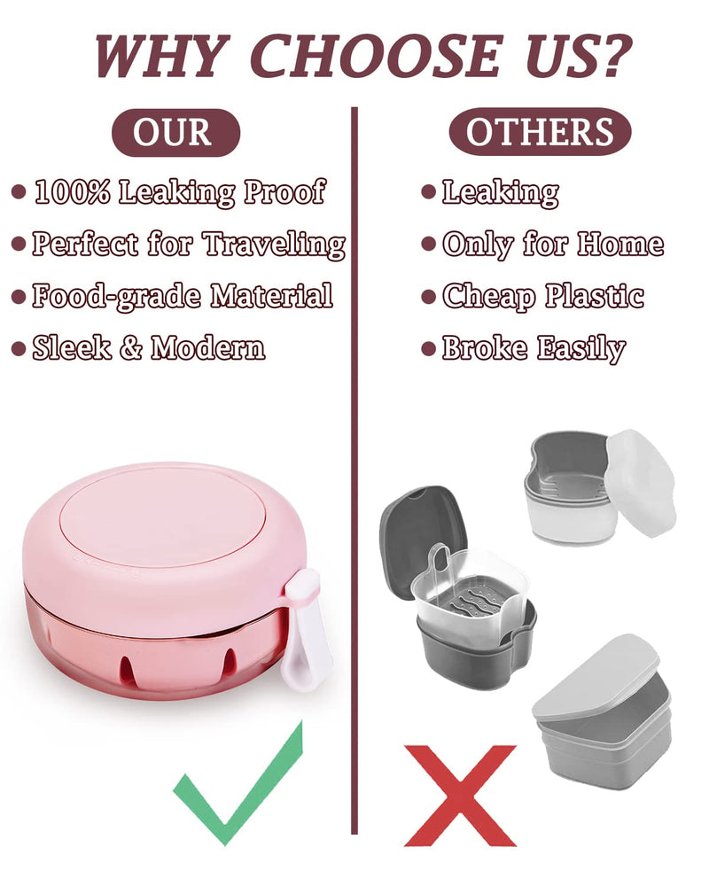 Denture Case, Definitely No-Leak Denture Bath Box for Traveling Perfectly, Denture Cup with Strainer & Magnetic Mirror,Completely Clean Care for Retainer, Mouth Guard, & Denture(PINK)… PINK