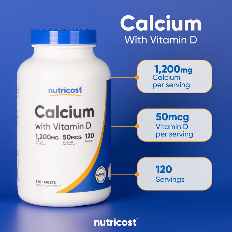 Nutricost Calcium with Vitamin D, 240 Tablets - Calcium (1200mg) Vitamin D (50mcg) Per Serving - Non-GMO, Gluten Free (Pack of 2) 240 Count (Pack of 2)