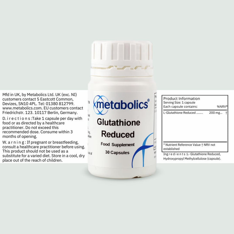 Glutathione Reduced – 30 Vegan Capsules | 200mg Active L-Glutathione | Antioxidant & Detoxification Support | Additive-Free | UK Made | Metabolics