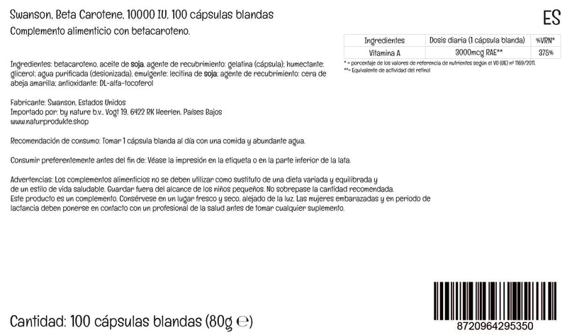 [Australia] - Swanson Beta Carotene (beta-carotene), 10,000 IU, 3,000 mcg, high dose, 100 soft capsules, laboratory tested, gluten-free, non-GMO 