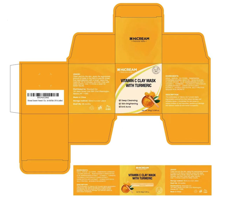Hicream Turmeric Vitamin C Clay Mask with Kaolin Clay and Turmeric for Dark Spots, Dull Skin, Skincare Facial Mask for Controlling Oil and Refining Pores 5.29 Oz (yellow)