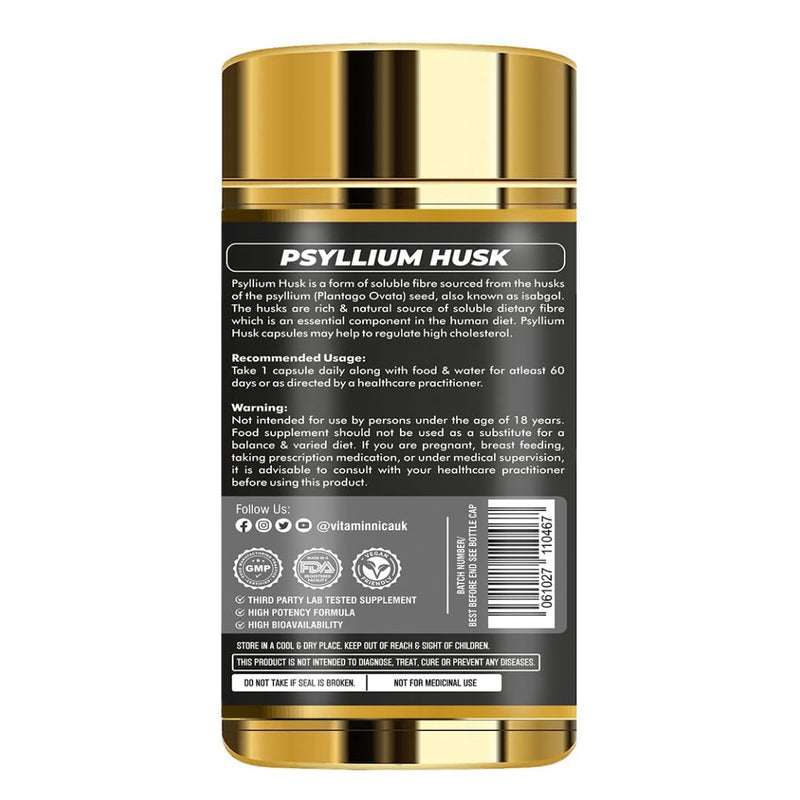 Vitaminnica Vita Husk Pysllium Husk Supplement 1000mg- High Fibre Supplement for Digestive Health, Regularity & Weight Management- Vegan & Gluten-Free - 60 Capsules