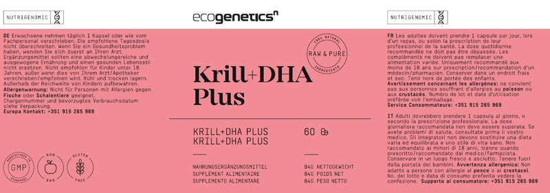 [Australia] - ECOGENETICS - Krill Oil + DHA Plus 60 soft capsules | Premium source of Omega 3 (415mg per capsule) for cardiovascular health | Brain Booster Ideal for concentration & memory 