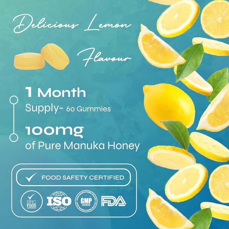 Known Manuka Honey Gummies – Lemon Flavour – 100mg Manuka Honey with Vitamin C, D3 & Zinc – Chewable Gummy Supplement – Natural Immune & Wellness Support – 1 Month Supply – for Men & Women