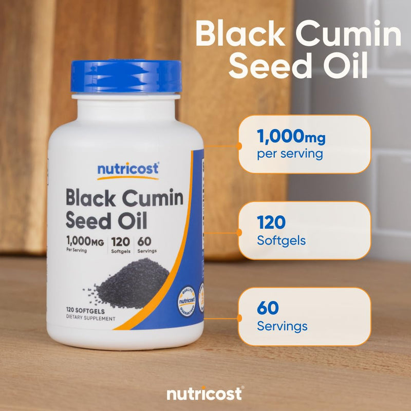 [Australia] - Nutricost Black Seed Oil (Cumin) - Cold Pressed, Source of Omega 3 6 9-120 Softgels, 1000mg Per Serving, 60 Servings - Non-GMO and Gluten Free 