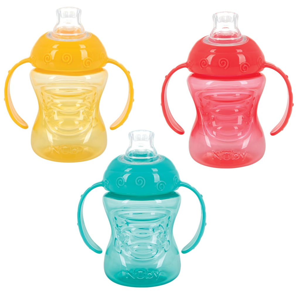 Nuby 3 Pack Two Handle No Spill Toddler Sippy Cups - Toddler Cups Spill Proof with Easy and Firm Grip - BPA Free Toddlers Cups - Aqua, Yellow, Coral Neutral