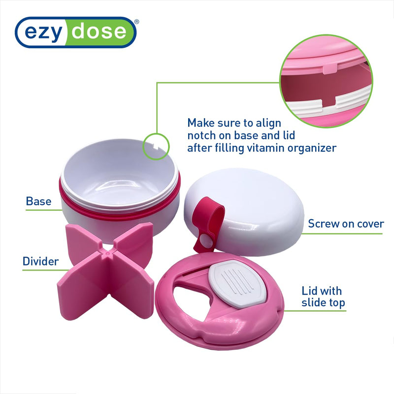 Ezy Dose Mini Vitamin Organizer, Multi Compartments, White & Pink, Small | Portable and Compact Design, Easy Access Sliding Pill Dispenser, Supplement Organizer with Anti-Mix Design, Travel Friendly White and Pink/Small