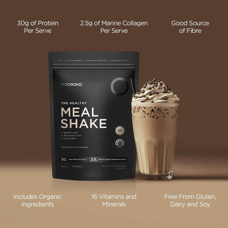 Tropeaka The Healthy Meal Shake - Iced Mocha Latte - Clean Meal Replacement Powder with 30g Protein, Fiber, Collagen, Vitamins & Minerals - Gluten Free, Dairy Free - 19.7oz (10 Servings)