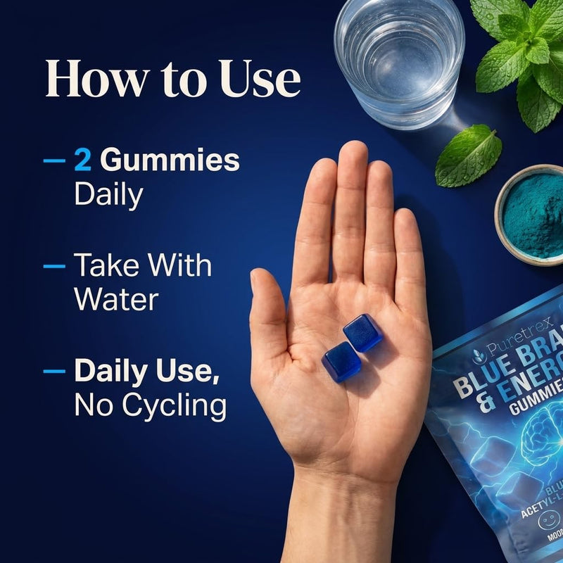 Puretrex Nootropic Gummies Blue Brain, 60 Count, Brain Focus and Energy Support, Memory and Cognitive Performance, Mental Clarity, Blue Spirulina, Acetyl L Carnitine, Made in UK, Ice Mint