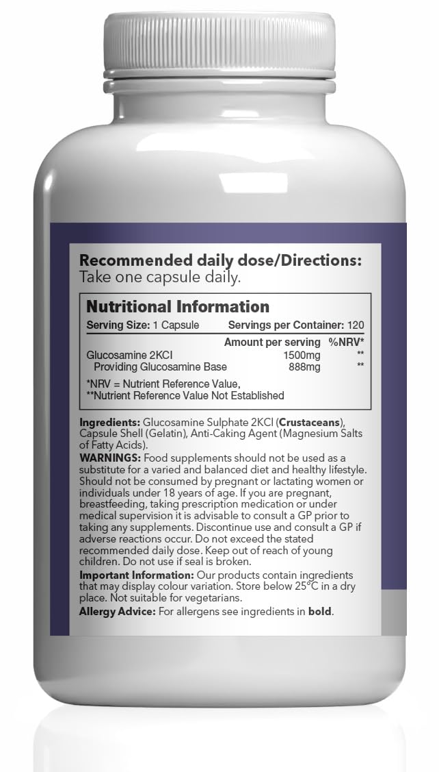 Glucosamine Sulphate 1500mg | Supports Natural Glucosamine Levels | High-Strength 2KCl Formula | One-a-Day Convenience | 120 Capsules = 4 Months' Supply | GMP-Certified & UK-Made Unflavoured 1 count (Pack of 120)