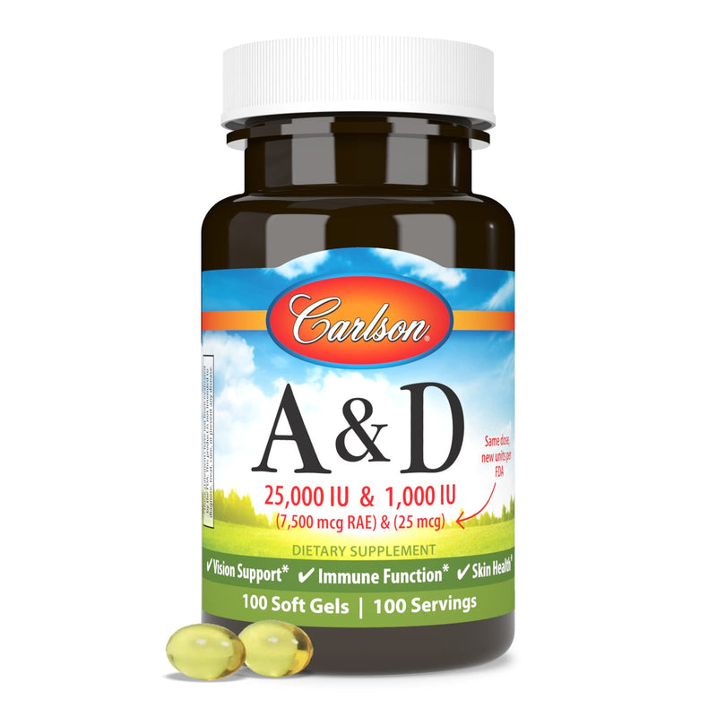 [Australia] - Carlson - A & D, 25000 IU (7500 mcg RAE) Vitamin A, 1000 IU (25 mcg) Vitamin D, Vision Support, Skin Health, 100 Softgels 1 Count (Pack of 100) 