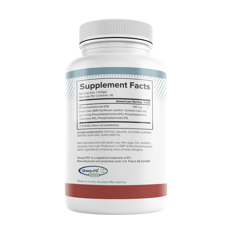 [Australia] - Soy Free Phosphatidylserine 100mg - Phosphatidylserine Supplement from Sunflower Lecithin, Patented Sharp PS100, Brain Health, Memory Aid, Cortisol Control, Mental Sharpness, Non GMO, 90 Softgels 90 Count (Pack of 1) 