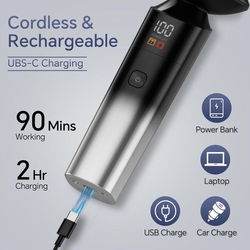 [Australia] - Electric Razor for Men, Rechargeable Electric Shaver for Men, Waterproof 3D Rotary Shaving, Wet/Dry Cordless 3-in-1 Electric Shaver with Beard Trimmer, Sideburn & Nose Hair Groomer 