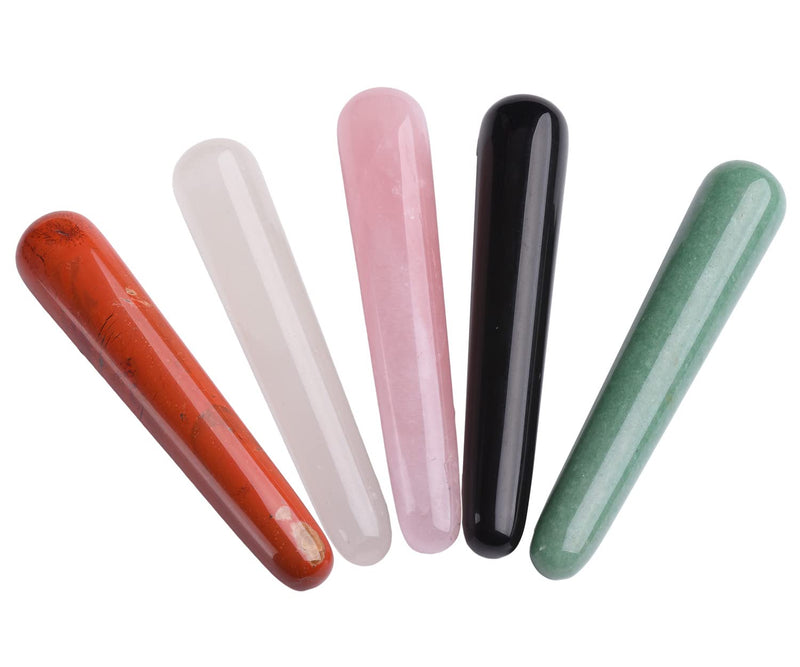 [Australia] - JIC Gem 5 Pcs Mix Natural Crystal Gua Sha Scraping Massage Tool Massage Wand for Face Acupuncture Therapy Stick Point Treatment Reiki Healing 