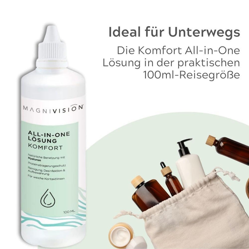 [Australia] - MAGNIVISION All-in-One Solution Comfort, 100ml (travel size) for soft contact lenses, for cleaning & storing soft contact lenses, borate-free, Made in Europe 