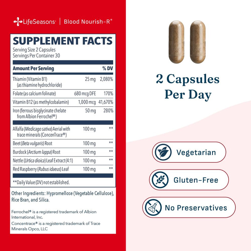 LifeSeasons Blood Nourish-R - Iron Supplement - Non Constipating - Supports Anemia, Fatigue, Paleness & Dizziness - Blood Building - Iron, Alfalfa, Raspberry & Vitamin B-12-60 Capsules (Pack of 2) 60 Count (Pack of 2)