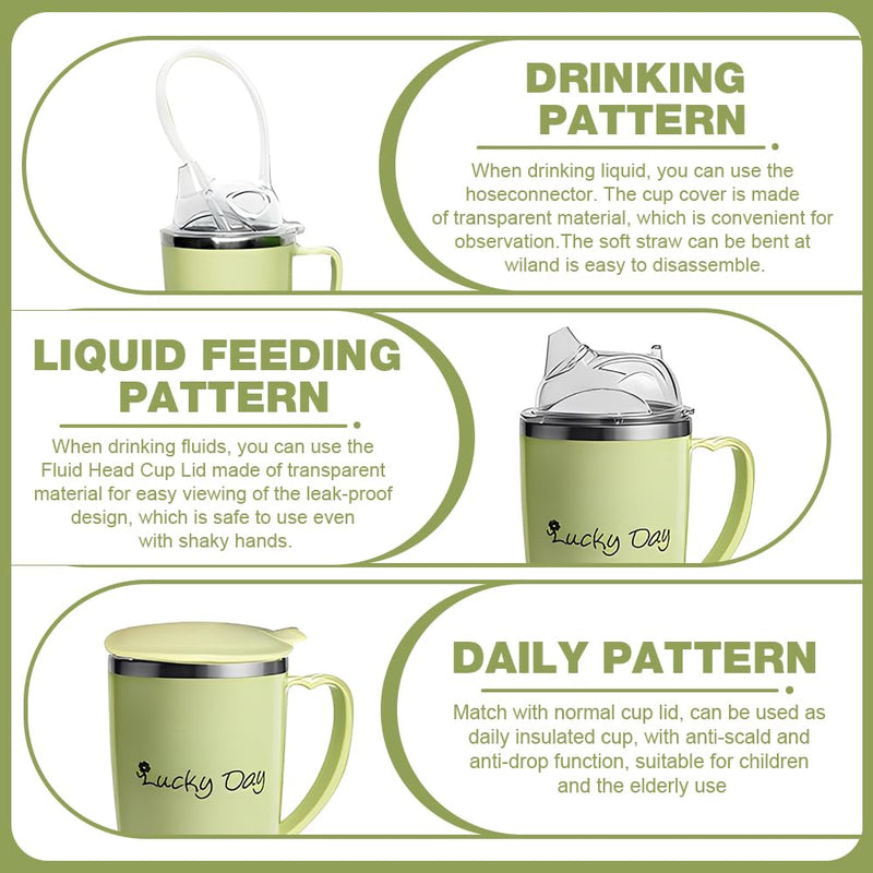 350ml Adult Sippy Cup, 3-in-1 Elderly Spill Proof Cups, Beakers for Elderly with Lid and 30cm Straw, Spill Proof Adult Sippy Cup with Handle,Stainless Steel Dysphagia Cups for Elderly Patient Green