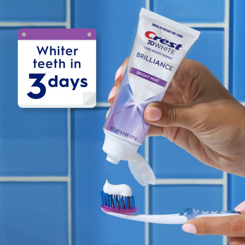 [Australia] - Crest 3D White Brilliance Bright Mint Teeth Whitening Toothpaste, 4.3 oz Pack of 3, 100% More Surface Stain Removal, 24 Hour Active Stain Prevention, Whiter Teeth in 3 Days 