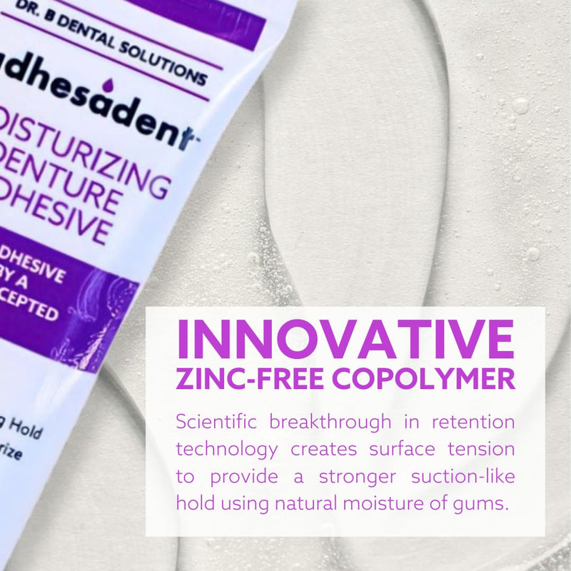 [Australia] - Dr. B Dental Solutions Adhesadent Moisturizing Denture Adhesive - Secure Denture Glue with Strong Grip & Natural Taste - Zinc-Free Dental Adhesive for Dentures, Overdentures - 2.4 oz 2.4 Fl Oz (Pack of 1) 