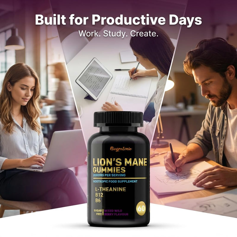 Lion's Mane Mushroom Gummies with L-Theanine & B Vitamins, Mind & Focus Complex Supplement, Sugar Free, Vegan, 60 Gummies, 1 Month Supply, Mixed Berry Flavour
