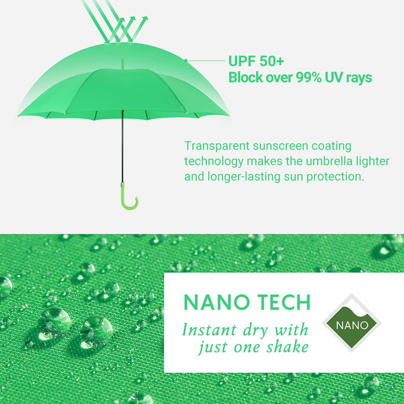 RUMBRELLA UV Stick Umbrella Auto Open UPF 50+ with J Hook Handle 51IN | Automatic Open Wind-Resistant Umbrella for Adults Fits 2 People, J Hook Handle, Fast-Drying Kelly Green