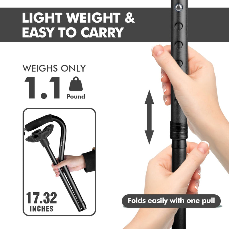 [Australia] - KINGGEAR F1 Walking Stick, Walking Cane for Women & Men, Self Standing Walkers for Seniors with Wrist Strap, Lightweight & Sturdy Offset EVA Handle and Large Quad Base Black 