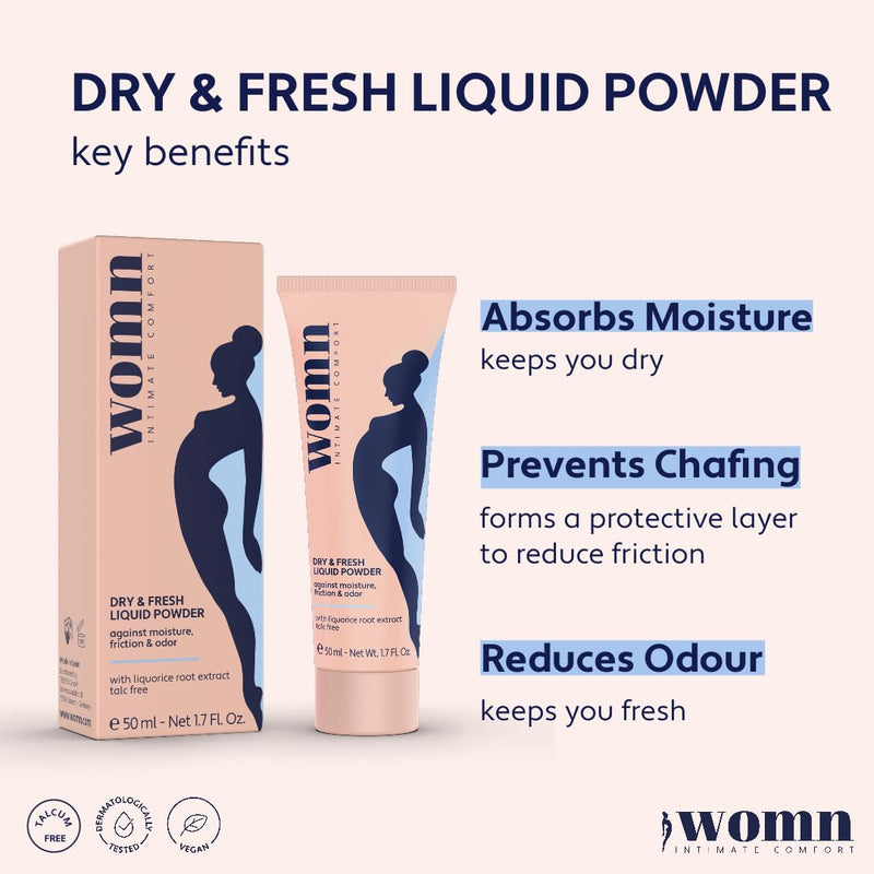 Liquid Body Powder for Women, Sweat, Chafing & Odor Relief 1.7 fl oz | Talc-free cream-to-powder formula. Absorbs moisture, helps reduce friction & odor. For groin, underboob & inner thighs.
