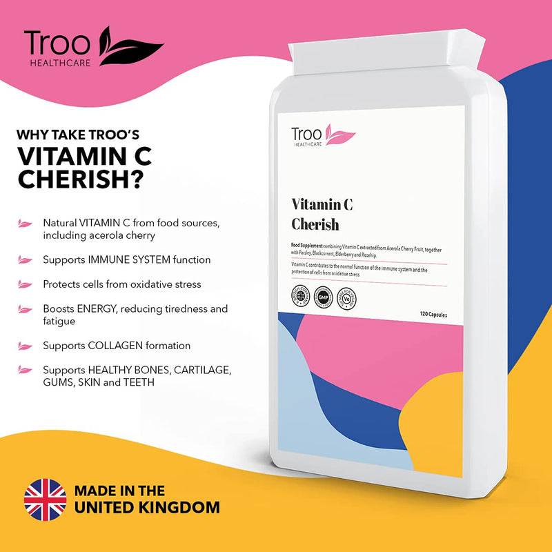 Troo Health Care Vitamin C Cherish 120 Capsules - Natural Food Vitamin C Immune Support & Fatigue Reduction Supplement Containing Acerola Cherry and Elderberry - UK Manufactured 1 count (Pack of 1)