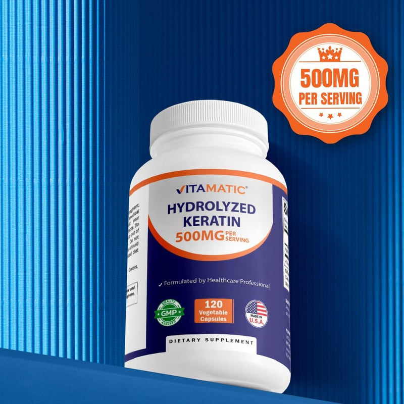 Vitamatic Hydrolyzed Keratin 500mg per Serving - 120 Vegetarian Capsules - Keratin Supplements for Healthy Hair Skin & Nails for Adults 120 Count (Pack of 1)