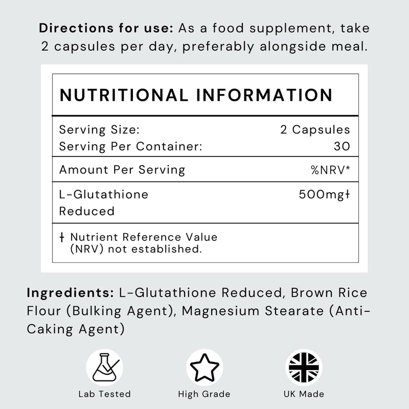 Glutathione Capsules 500mg Dose - Highly Purified and Highly Bioavailable - Extra Strength Glutathione Supplement, Non-GMO, Reduced Glutathione Supplement - 30 Day Supply - UK Made