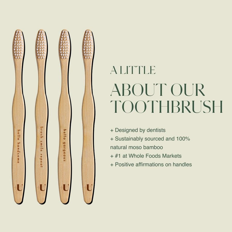 Biodegradable and Eco-Friendly Bamboo Toothbrush 4-Pack - BPA Free Soft Bristle - Dentist-Approved and All-Natural with Positive Affirmations Etched on Handles by Plus Ultra 4 Count (Pack of 1)