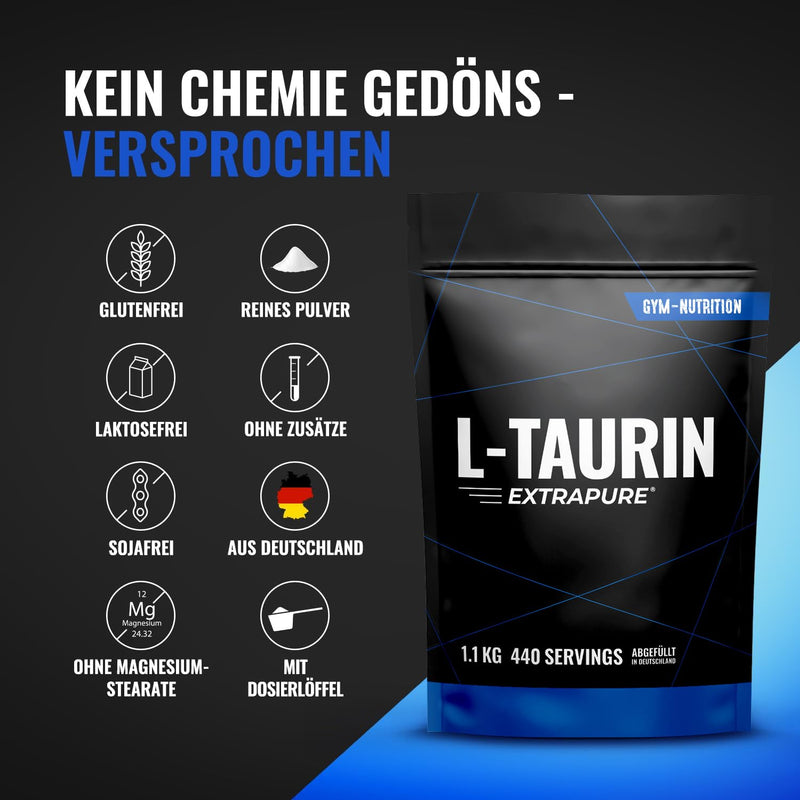 [Australia] - Premium Taurine Powder - 1100g (1.1KG) - Optimal Solubility - Vegan - Pure & No Additives - Laboratory Tested Quality - L-Taurine Amino Acid from Germany - Gym Nutrition 440 Servings (Pack of 1) 