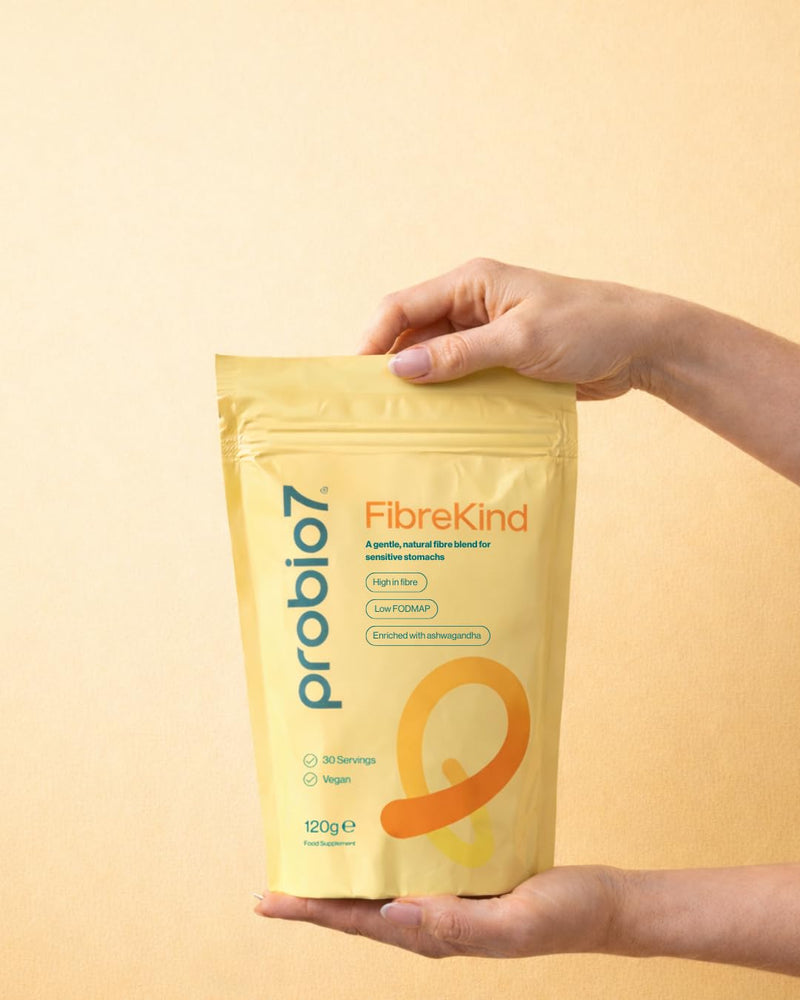 Probio7 Probiotics FibreKind - Fibre Supplement for Sensitive Stomachs. 4 Types of Low-FODMAP Approved Fibres, Acacia Fibre & Partially Hydrolysed Guar Gum (PHG) with Ashwagandha | 30 Servings