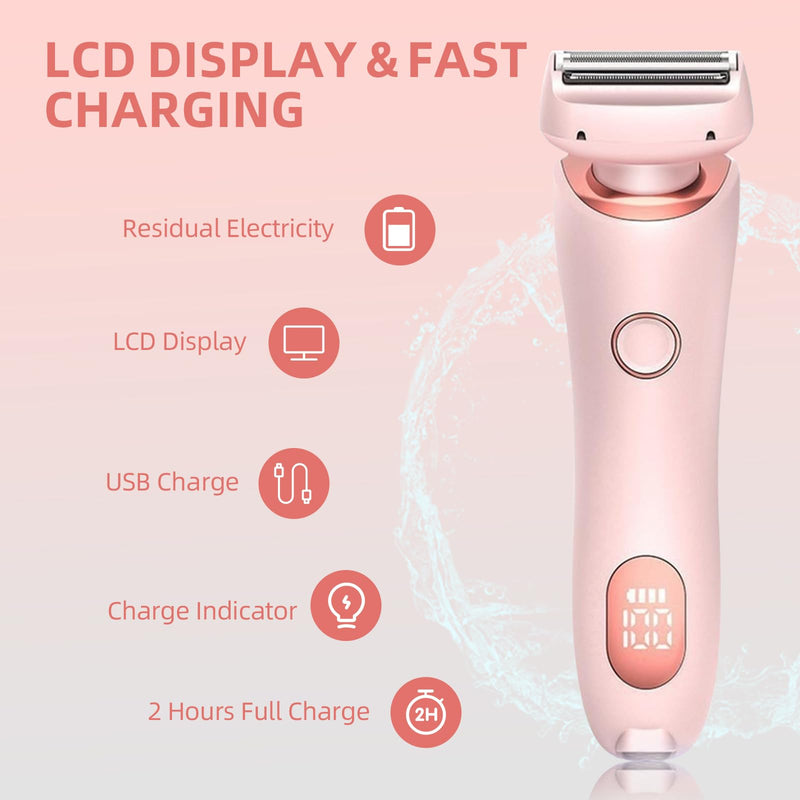 Womens Electric Shaver, 2 in 1 Razor for Women, Wet & Dry Electric Waterproof Razor with LED Display, Cordless Bikini Trimmer for Sensitive Skin, Painless Hair Removal