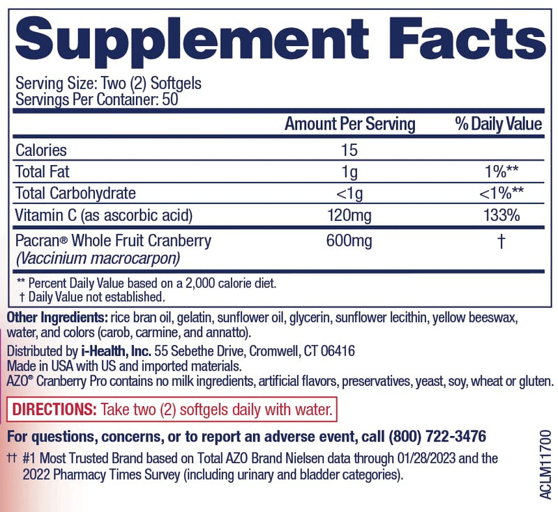 [Australia] - AZO Cranberry Pro, Cranberry Pills for Women & Men, 600mg Pacran, Made with Concentrated Whole Fruit Cranberry Powder to Help Cleanse and Protect The Urinary Tract*, Sugar Free, Non-GMO, 100 Softgels 100 Count (Pack of 1) Herbal Supplement 