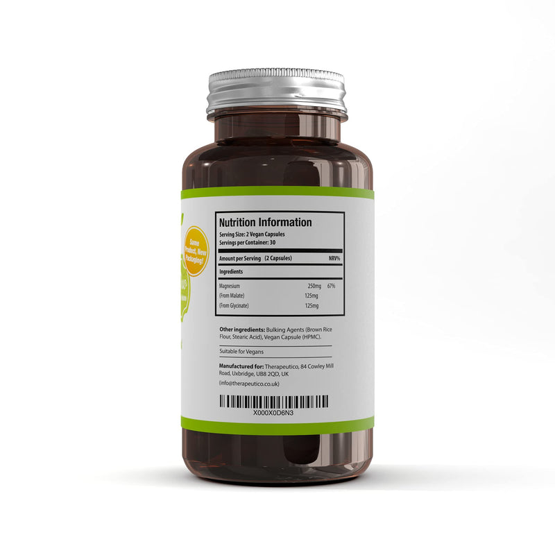 Magnesium Glycinate & Magnesium Malate Blend | High Strength | 250mg | 60 Veg Capsules | Premium Quality | Made in UK | Vegan | Magnesium Duo