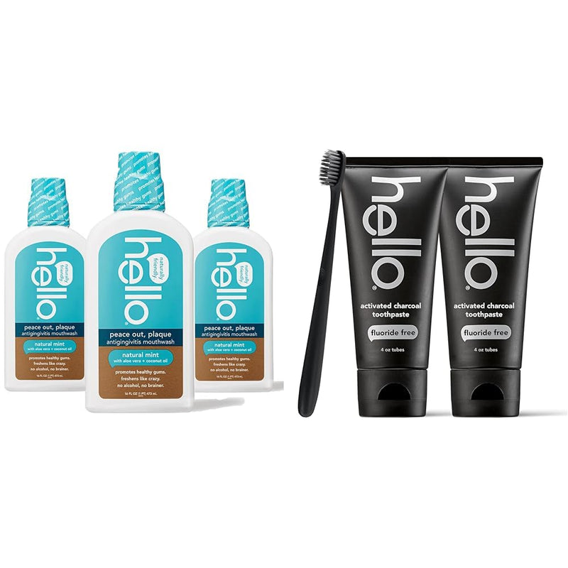 Hello Peace Out Plaque, Antigingivitis Alcohol Free Mouthwash, Natural Mint with Aloe Vera & Activated Charcoal Epic Teeth Whitening Fluoride Free Toothpaste and Toothbrush
