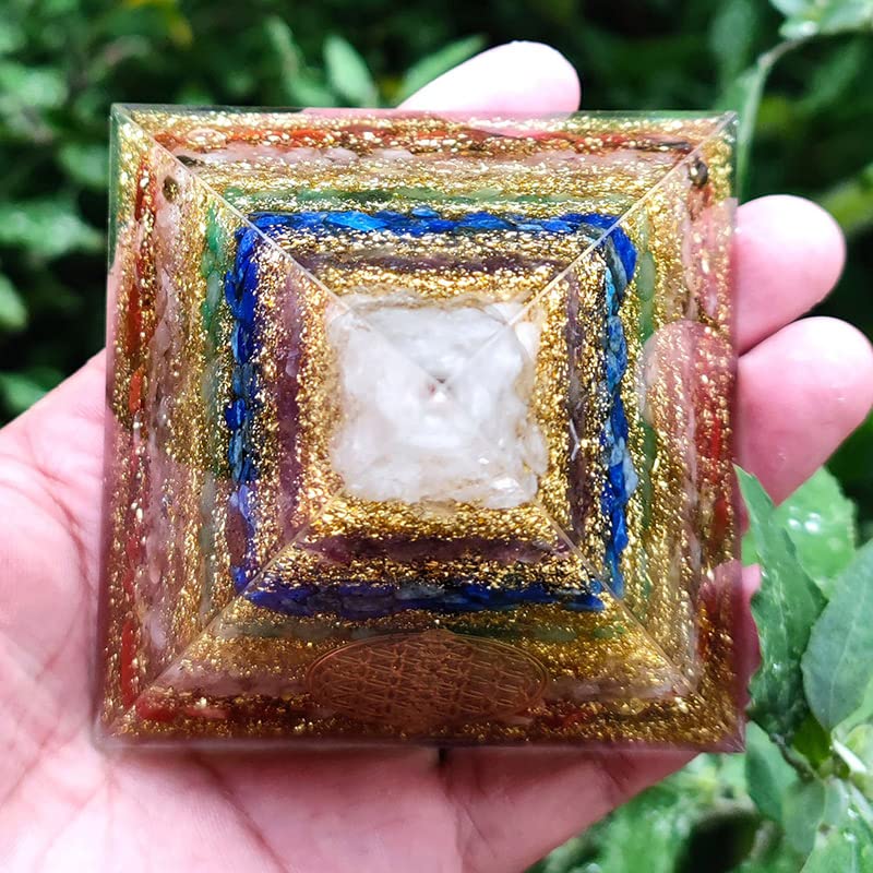 Orgonite 7 Chakra Energy Pyramid Aura Quartz Divination,Yoga Meditation Resin Handcraft EMF Protection Home Ornaments(8CM,Extra Large)