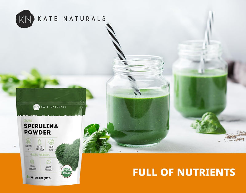 [Australia] - Kate Naturals Organic Spirulina Powder for Immune Support and Antioxidants. Nutrient Dense Superfood Supplement (8 oz, USDA Certified, Non-GMO, Gluten- Free) 8 Ounce (Pack of 1) 